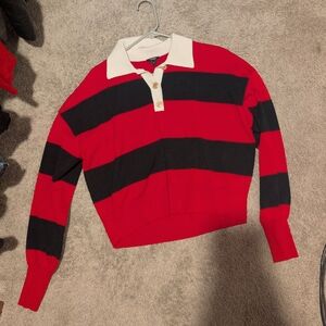Express Red and Black Striped Shirt Gold Buttons Sweater Top Old Money Preppy